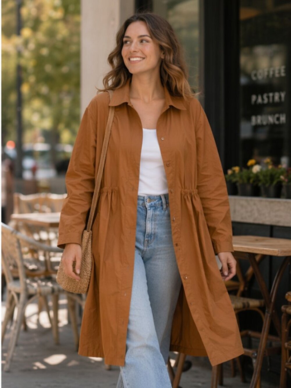 Brown Button-Front Duster Jacket Lightweight Trench Coat Size S